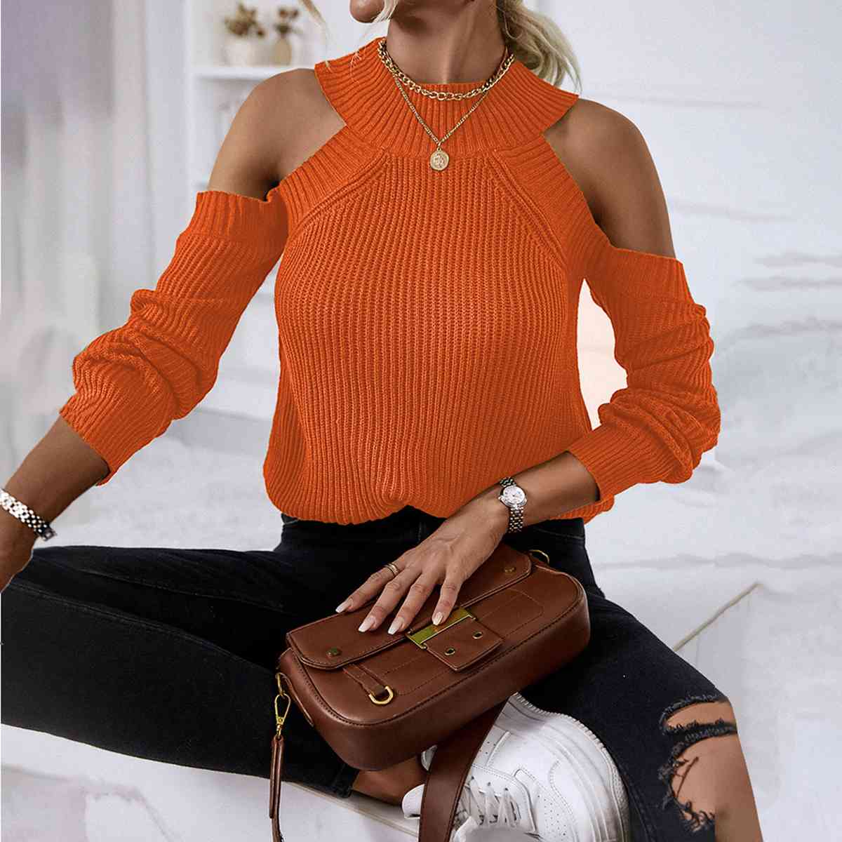 Round Neck Cold-Shoulder Sweater