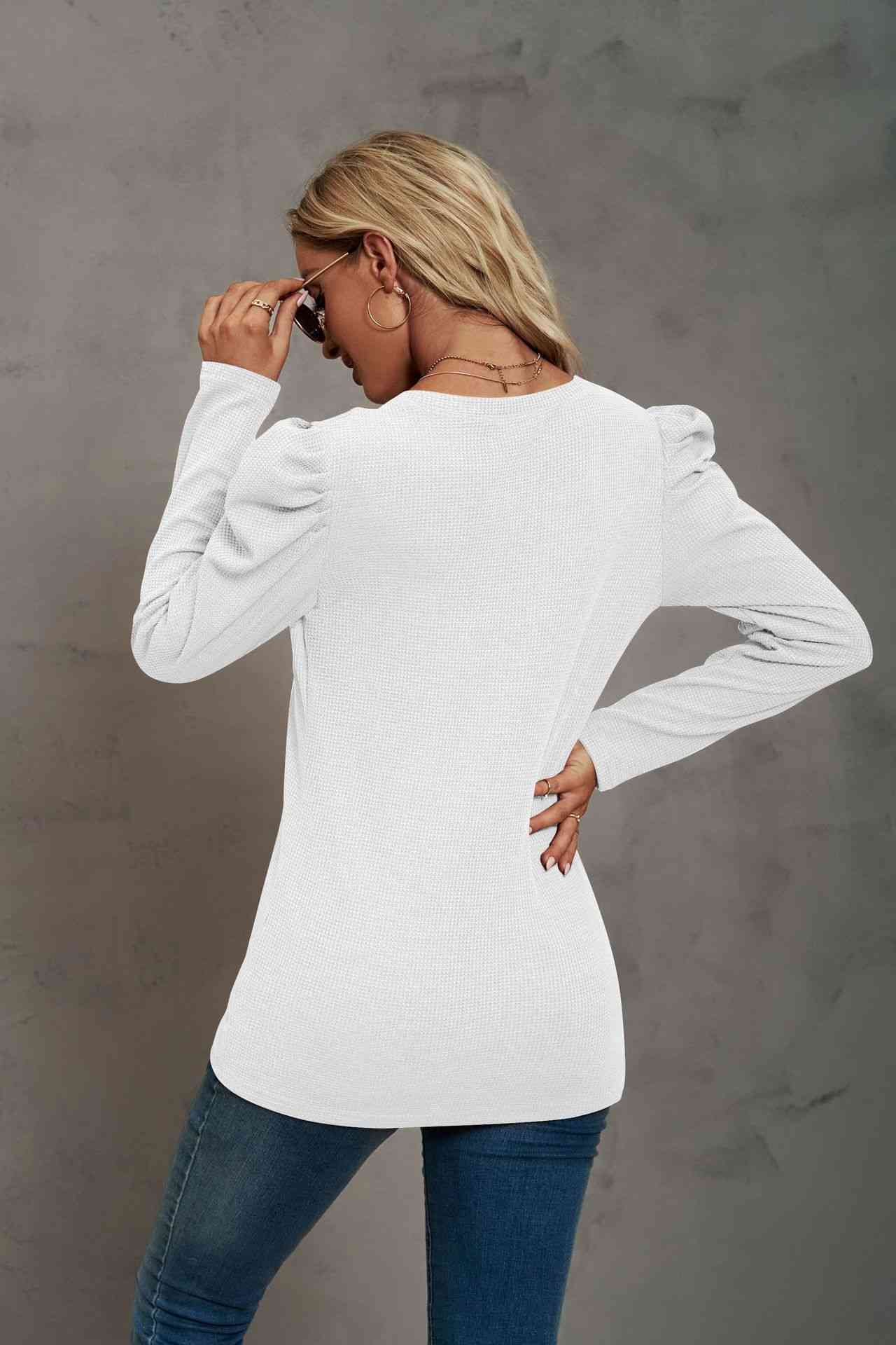 Waffle-Knit Puff Sleeve Round Neck Top